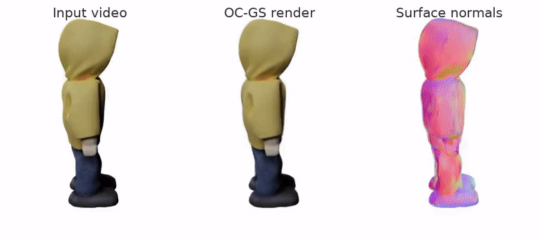 OC-GS input turntable video, reconstructed rendering, and surface normals rotating side by side