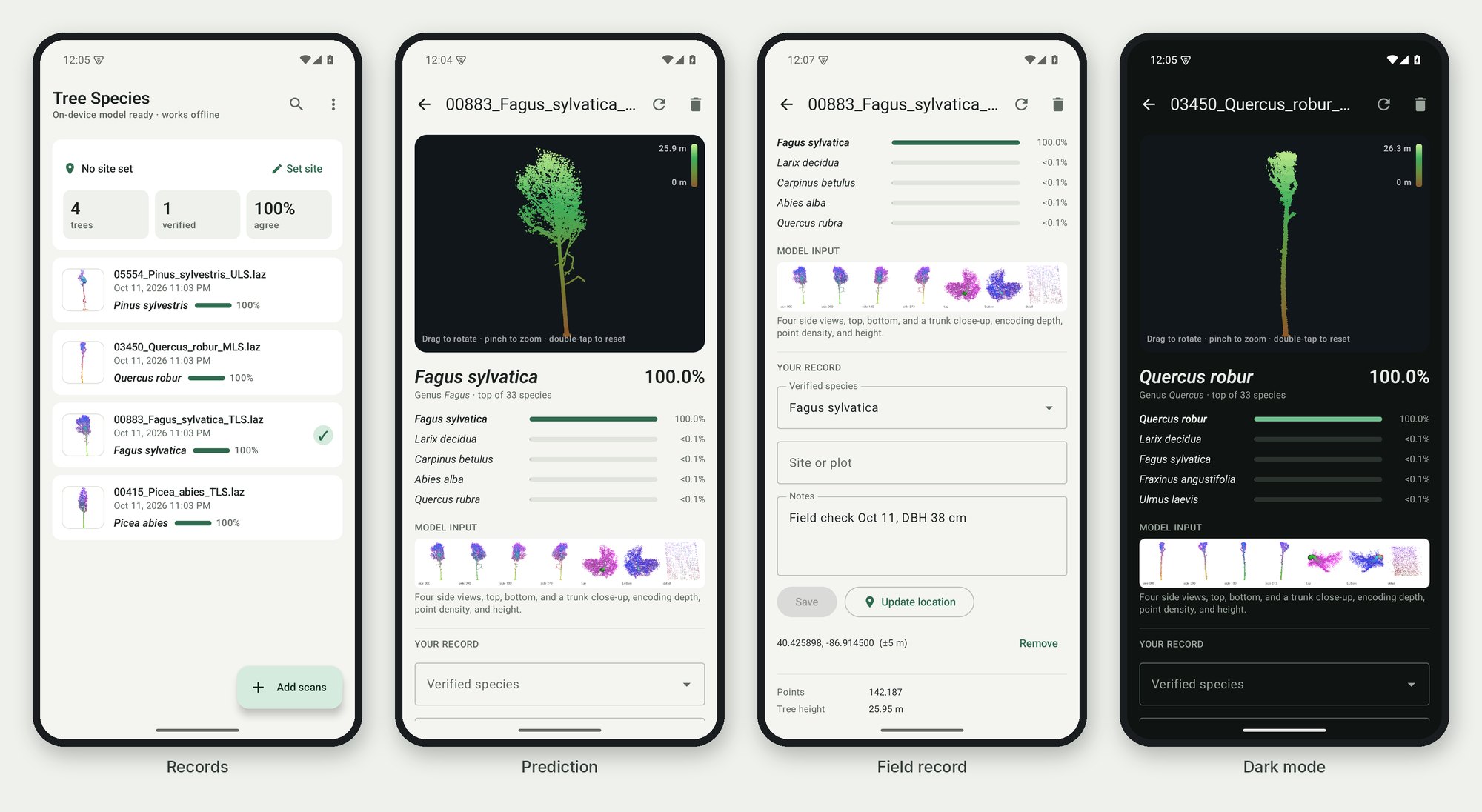 Four Android screens: saved records, a prediction with its 3D view and top five species, a field record with GPS position, and dark mode