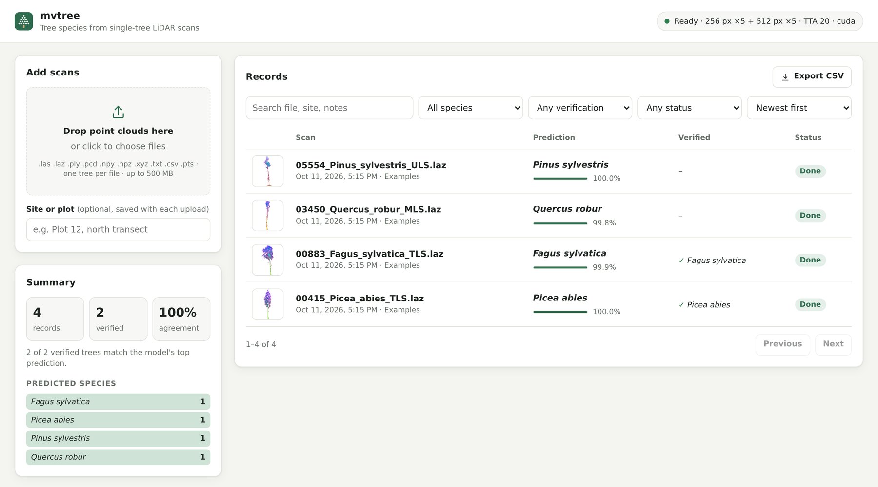 The web app's records page with an upload area, a summary of agreement with verified species, and a table of predictions